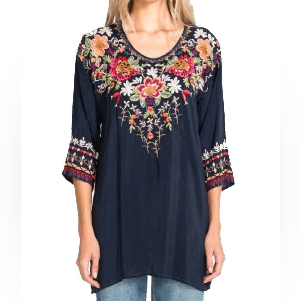 Johnny Was Shaylee Blouse Embroidery Floral Navy Tunic Top Women’s XS